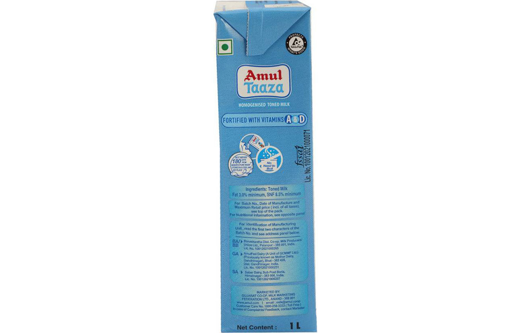 Amul Taaza Homogenised Toned Milk   Tetra Pack  1 litre